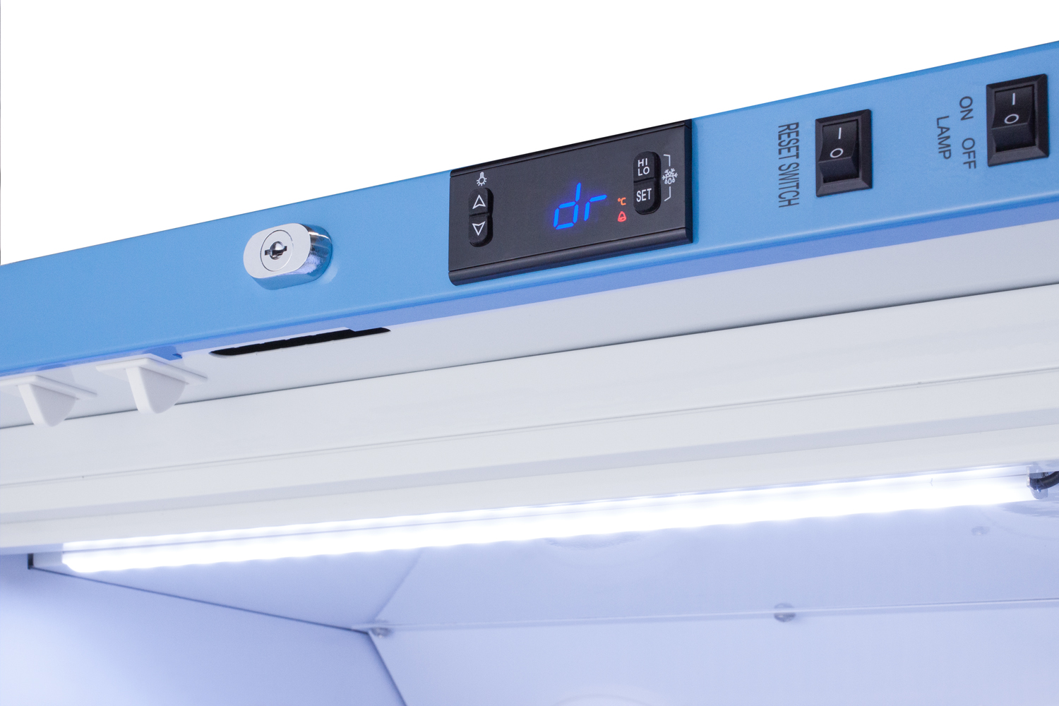 Performance series Med-Lab 8 cu.ft. upright all-refrigerator for laboratory storage with factory-installed data logger, antimicrobial silver-ion handle, and hospital grade cord with 'green dot' plug